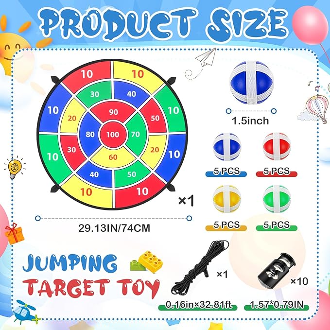 29" Trampoline Dart Board Game Accessories, Trampoline Toss Game Dartboard with 20 Sticky Balls, Indoor & Outdoor, Sport Fun Party Play Toys for Birthday Gifts