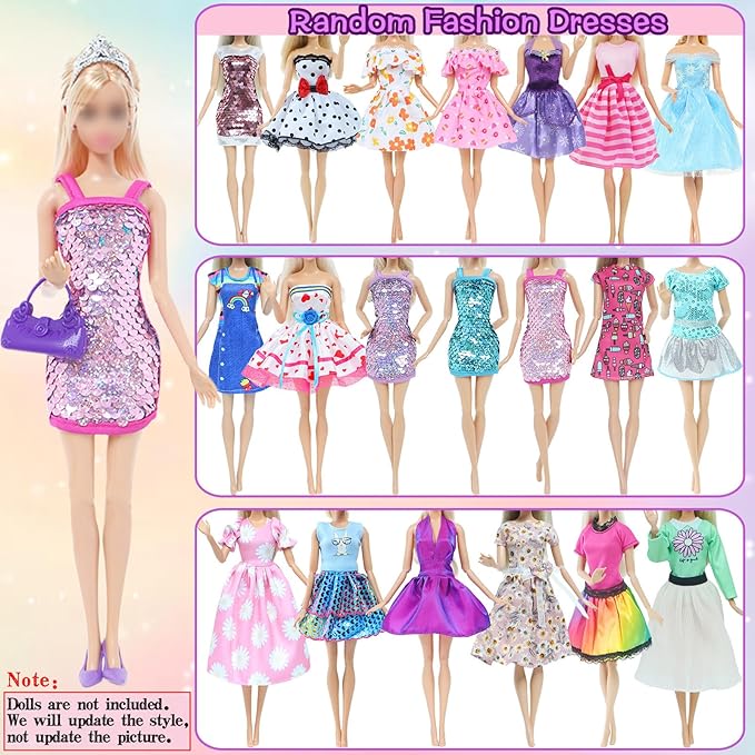 65 Pcs Doll Clothes and Accessories, 5 Fashion Dresses, 3 Wedding Gowns, 4 Outfits Top & Pant, 3 Swimsuits Bikini, 5 Slip Skirts, 20 Hangers, 20 Shoes, 5 Crowns for 11.5 Inch Girl Doll Clothing