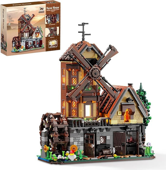 Wood Cabin Building Set with Light, Mechanical Farm House Building Block Toys with Rotating Windmill Waterwheel Castle Architecture Model Set 1436 Pcs for Adults Teens Kids Boys Girls 10-12+