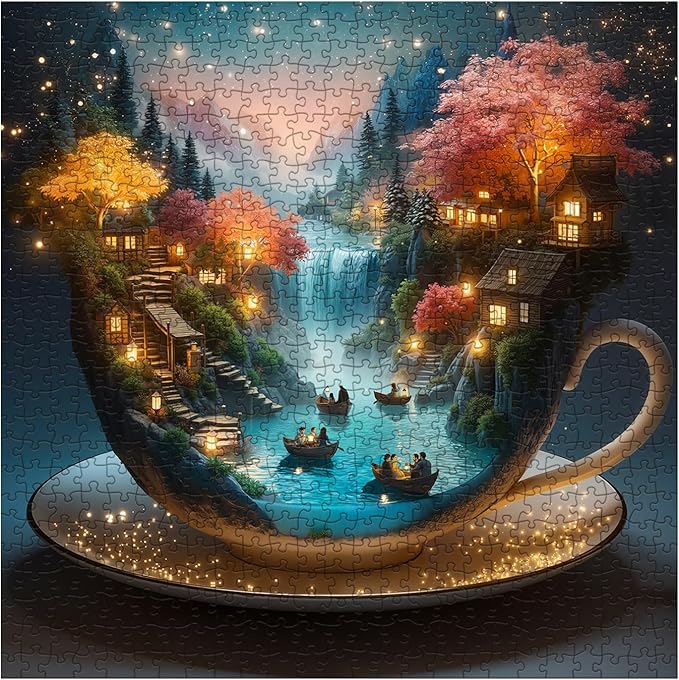 Fantasy Teacup Landscape Puzzles for Adults 1000 Pieces, Magic Starry Night Jigsaw Puzzle, Cottage Waterfall Boat Puzzle
