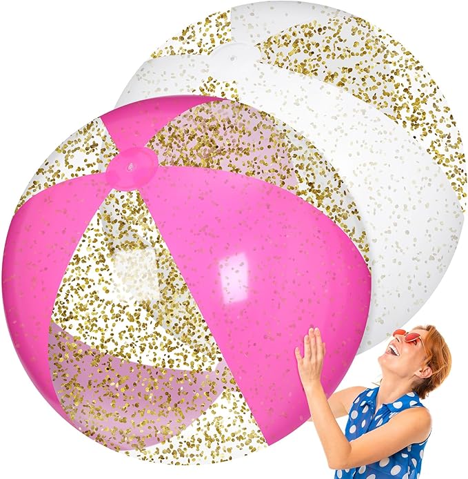 Realspring 2 Pcs 48'' Giant Beach Balls for Swimming Pool 4 Ft Jumbo Glitter Confetti Inflatable PVC Pool Balls Large Summer Blow up Beach Toys for Adults Summer Outdoor Party Favor(Pink White)