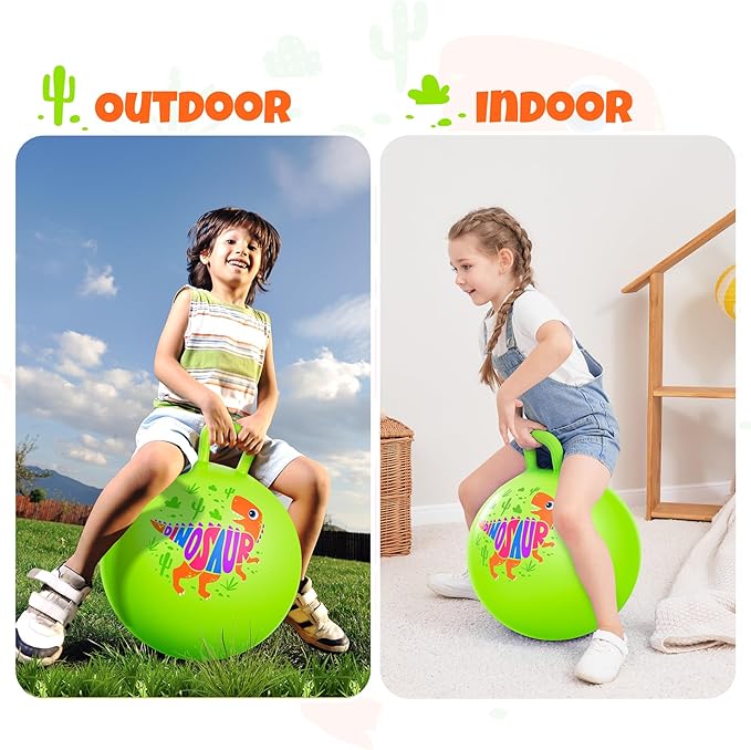ZOOJOY Hopper Ball for Kids Aged 3-8, 18In Bouncy Balls with Handle, Green Dinosaur Hoppity Hop Ball with Pump, Indoor Outdoor Easter Basket Stuffers Hopping Toys for Boys Girls 3 4 5 6 Gifts