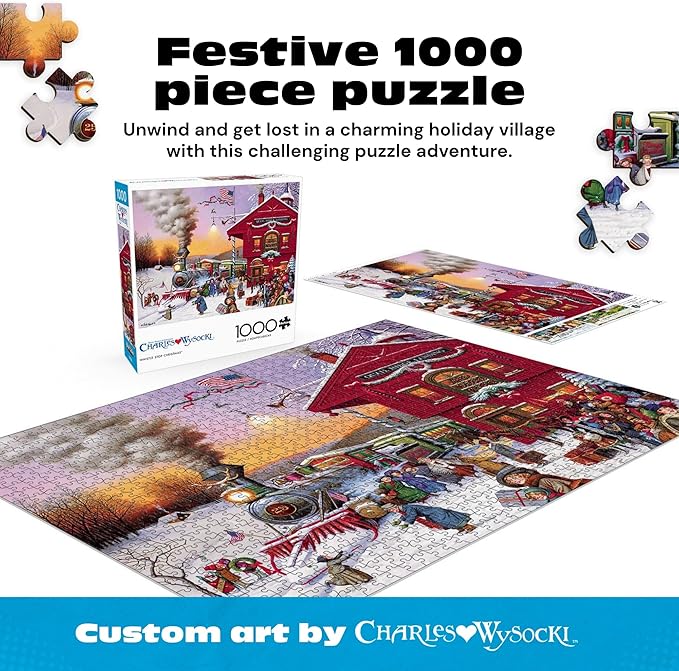 Buffalo Games – Charles Wysocki - Whistle Stop Christmas- 1000 Piece Holiday Jigsaw Puzzle - Festive Puzzles for Adults – Precision-Cut Pieces, Winter Artwork, Hours of Relaxing Fun