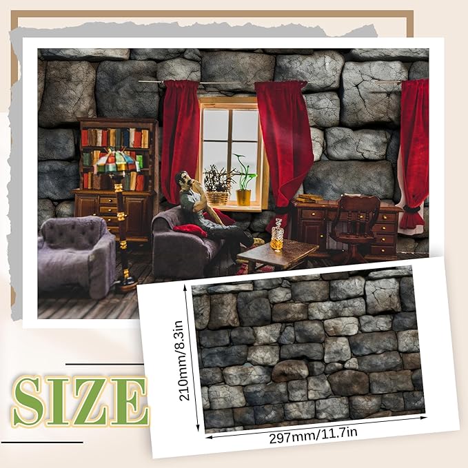 Flutesan 12 Pcs Miniature Dollhouse Wallpaper and Flooring Peel and Stick Mini DIY Self Adhesive Dollhouse Accessories 8.27 x 11.69 Inch (Stone Pattern)