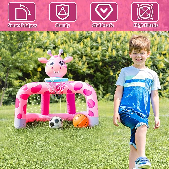 Soulchen 2 Set 2 in 1 Inflatable Toddler Basketball Hoop Soccer Goal Set, Giraffe Indoor Outdoor Sports Activity Center Toys for Kids, Baby Toddlers Birthday Gift for 1 2 3 4 5 Year Old Boys Girls