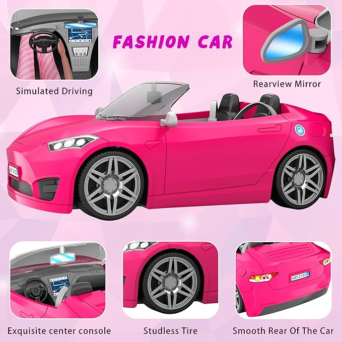 MINIFUN 91 Pcs Doll Convertible Car Set, Doll Clothes and Accessories, Doll Playset Dress up Toys for Girls Kids Toddlers, Gift Toys for Age 3 4 5 6 7 8