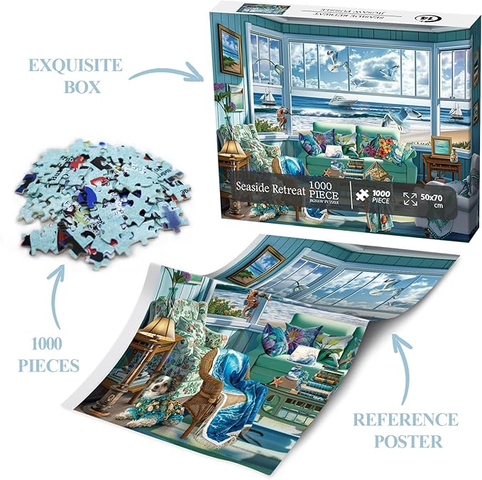 Beach Summer House Puzzles for Adults 1000 Piece, Hawaii Florida Maine Ocean Jigsaw Puzzles, Seashore House Puzzles - Seaside Retreat