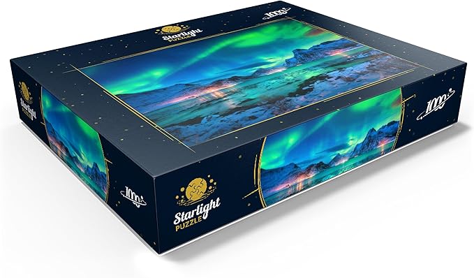 MyPuzzle Aurora Borealis Over Sea Coast, Lights At Night. Northern Lights On Lofoten Islands, Norway - Premium 1000 Piece Jigsaw Puzzle for Adults