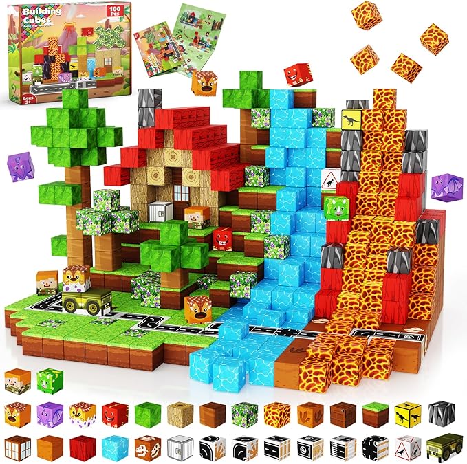Magnetic Blocks - 100PCS Magnetic Building Blocks, Stacking Magnets for Kids, STEM Learning for Kid, Magnetic Blocks for Kids Ages 4 5 6 7 8 9, Birthday Gifts for 3-10 Years Old Boys Girls