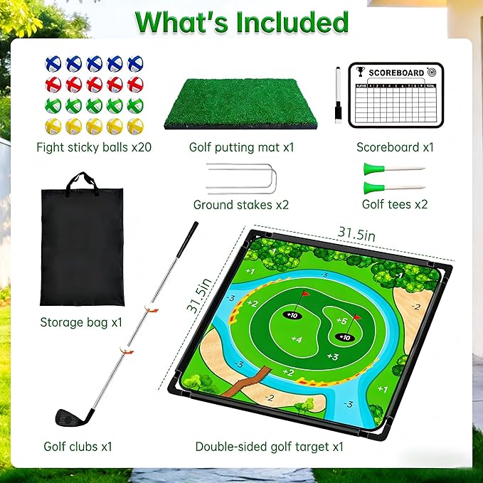 Golf Chipping Game Set Double-Sided,Golf Practice Target Mat with 20 Sticky Balls and Golf Club- Portable Indoor-Outdoor Chipping Golf Gift for Men, Women & Family (1Pack)