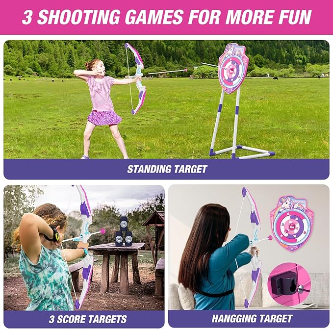 2 Pack Bow and Arrow for Kids 4-6, LED Light Up Archery Set with 24 Suction Cup Arrows, 1 Unicorn Standing Target, 6 Score Targets & 2 Quiver, Indoor Outdoor Sport for Girls Ages 8-12