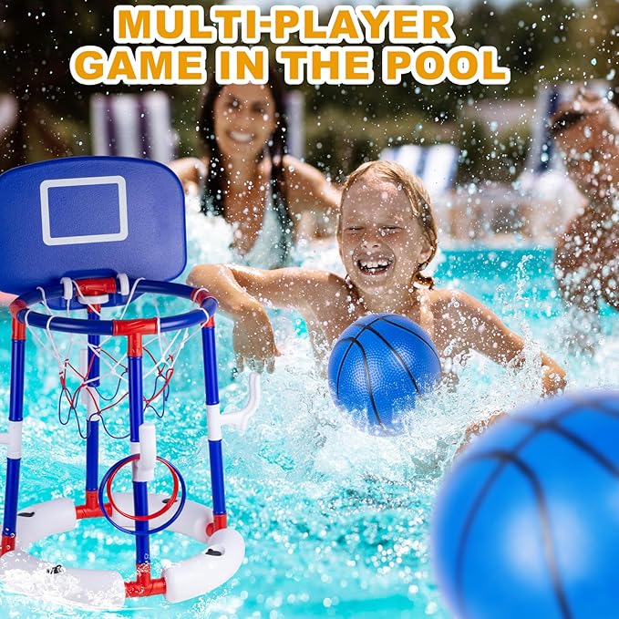 Taotuo Blue Floating Pool Basketball Hoop with Backboard, 2-in-1 Basketball & Ring Toss Game with 4 Balls, 6 Rings&Pump, Summer Pool Toys Outdoor Water Fun Family Party for Age 3-12