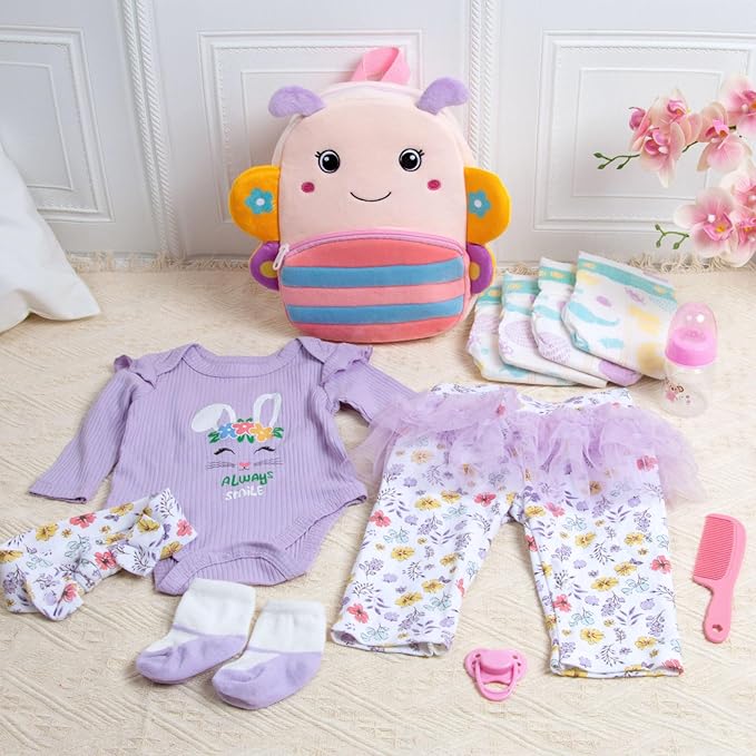 17-22 Inch Reborn Baby Doll Clothes with Cute Backpack Reusable Diapers Doll Accessories Set Newborn Girl Dolls Outfits Silicone Doll Clothing 12 Pieces