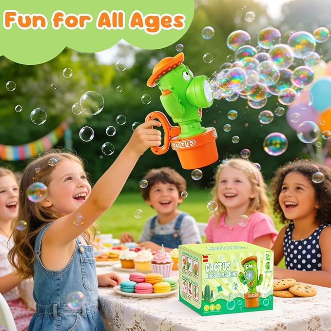 Cactus Bubble Machine, Automatic Bubble Blower with Music & Wiggle Action, Portable Handheld Bubble Maker with Lights, Birthday Gifts for Toddlers, Party Favors Toys, Easter Basket Stuffers for Kids