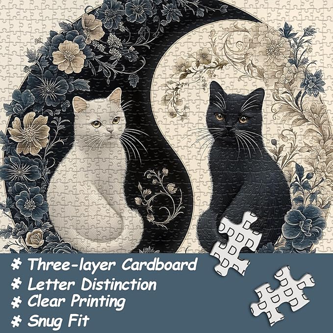 Yin Yang Cat Puzzle for Adults 1000 Pieces, Black and White Kitten Flower Animal Puzzle, Beautiful Aesthetic Art Kitty Floral Jigsaw Puzzle, Impossible Difficult Hard Challenge for Adults