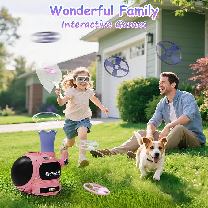 4-in-1 Music Jumping Toy Car,Dual Rotating Poles for Jumping & Dodging,Auto Flying Disc Launcher with Catching Net,Spinning Pole for Ring Toss,Kids outdoor toys,Games for Kids Boys and Girls (Pink)