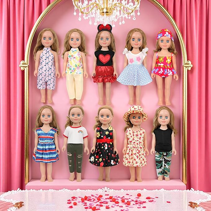 MSYO 10 Sets (18 Pcs) Doll Clothes for 17-18 Inch Dolls, Diverse Outfits (Floral Dress, Heart Print, Rainbow Shirt) & Casual Wear, Fashion Dress-Up Set