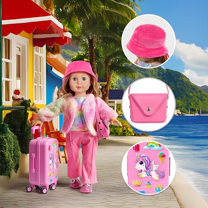 WONDOLL American 18 inch Doll Clothes and Accessories Girl-Travel Suitcase Luggage, Clothes and Shoes, Bag, Sunglasses, Camera, Passport, Notebook, Phone, pad Travel Gear Play Set(No Doll)