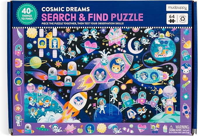 Mudpuppy Cosmic Dreams – 64 Piece Search & Find Jigsaw Puzzle Featuring Cats in A Whimsical Outer Space Wonderland and Over 40 Hidden Images to Find
