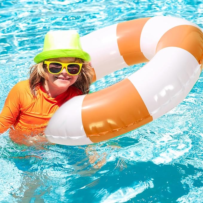 Whaline 4Pcs Inflatable Swimming Float Toy Striped Swim Ring Fun Print Pool Lounger Tube for Summer Swimming Beach Party