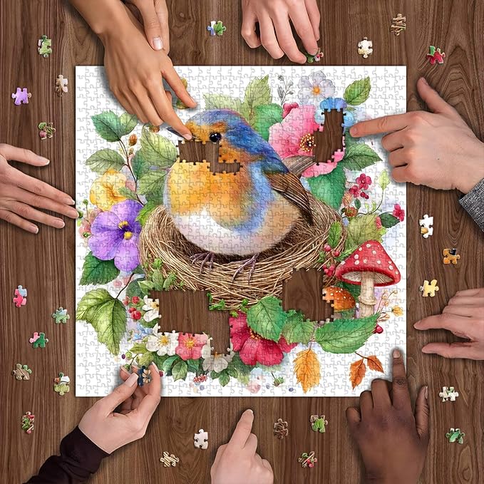 Robin Bird Puzzles for Adults 1000 Pieces, Flowers Garden Puzzles Mushrooms Floral, Nature Spring Bird Jigsaw Puzzle Painting