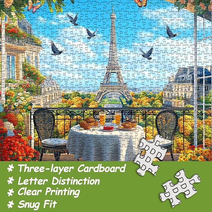 Paris Jigsaw Puzzles 1000 Pieces, Flower Landscape Scenery Puzzle Features Bird Dog Cat Butterfly, Eiffel Tower Nature Scenic Floral Challenge for Adults