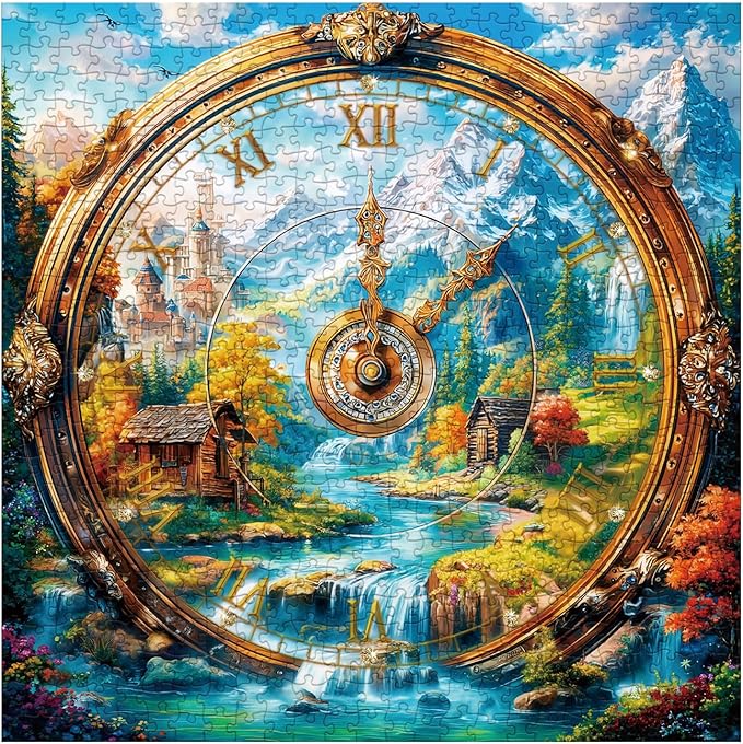 Landscape Clock Puzzles for Adults 1000 Pieces, Art Nature Mountain Flower Plant Jigsaw Puzzles, Challenging Colorful Scenic River Cabin Watch Spring Puzzle