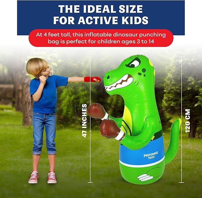 47" Inflatable Dinosaur Punching Bag for Kids - Durable Blow Up Kids Punching Bag with Bounce Back Base - Inflatable Indoor Outdoor Active Toddler Bop Play Toy