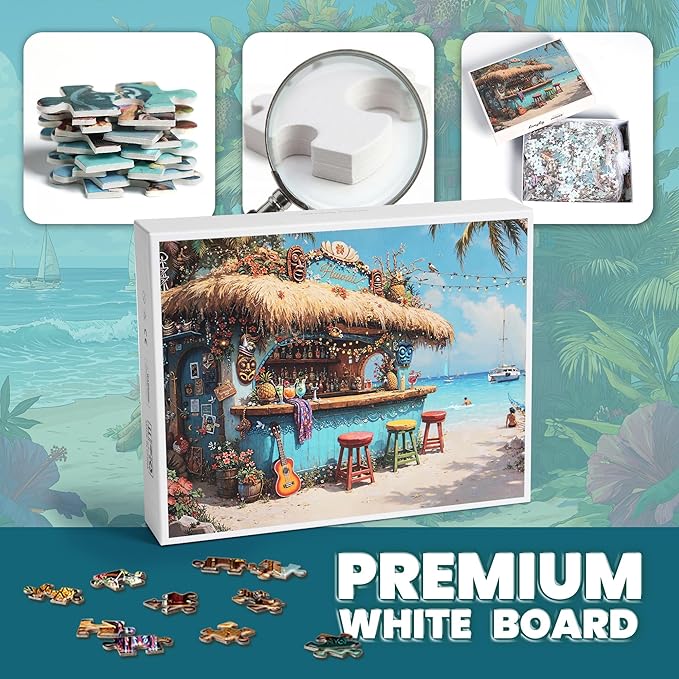 Puzzles for Adults 1000 Pieces, Hawaii Beach Tiki Bar Tropical Ocean Summer, Nature 1000 Piece Puzzle for Adults Seniors, Hard Jigsaw Puzzles with Letters on Back, 1:1 Poster