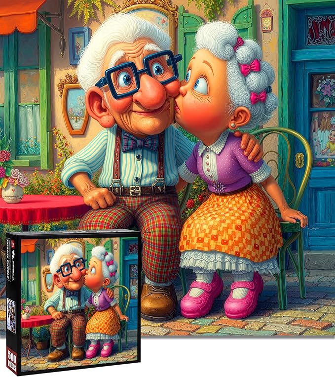 Grandma Kiss Grandpa Paper Puzzles for Adults 500 Pieces - Elderly Couple Love Jigsaw Puzzles, Grandparents Commemorative Puzzle, Challenging Valentine Day Old People Puzzle for Couples Date Night