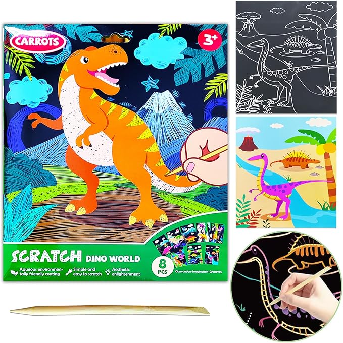 JUNQIU Scratch Art for Kids, Dinosaurs Black Rainbow Scratch Art Paper Set-Arts and Crafts & Supplies, DIY Activity & Party Games, Gifts for Toddlers, Girls & Boys Ages 3, 4, 5, 6, 7, 8