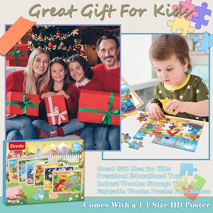 Wooden Puzzles for Kids Ages 4-6, 6 Packs 24 Pcs Jigsaw Puzzles Preschool Educational Toys Gifts for Children Ages 3 4 5 6 Year Old Kids Puzzles Ages 3-5 Year Olds Boys Girls