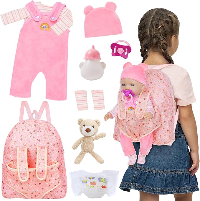 Baby Doll Clothes with Backpack Carrier for 14-18 Inch Doll,Reborn Baby Dolls Accessories Set with Bottles Pacifiers for Toddlers and Kids 2 3 4 5 Year Old（Dolls not Included）