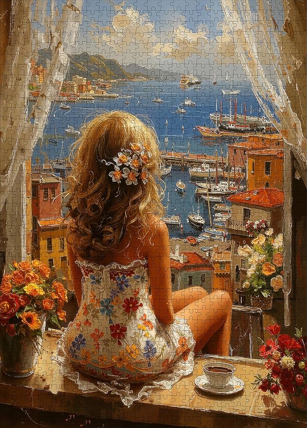 Mediterranean Coastal View Jigsaw Puzzle for Adults 1000 Pieces - Dreamy Vacation Scene with Woman & Terracotta Town, 28”x20” Panoramic, Lettered Back, Premium Home Decor & Travel Gift