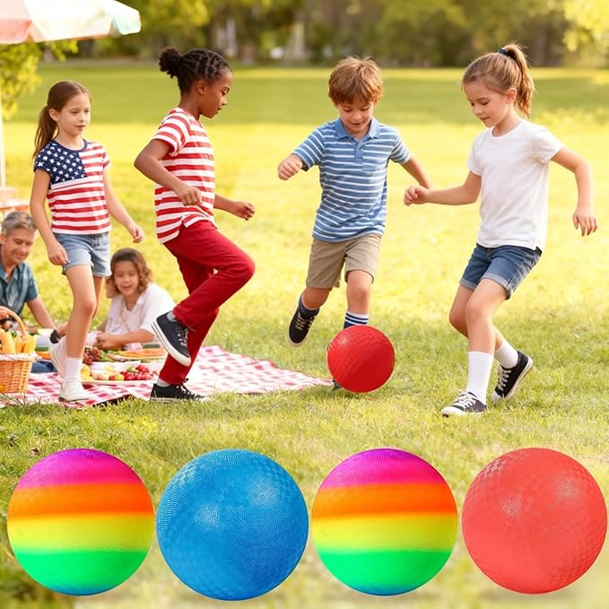 Playground Balls 4 Pack - 8.5 Inch for Kids Outdoor Dodgeball Kickball Handball Game with Hand Pump