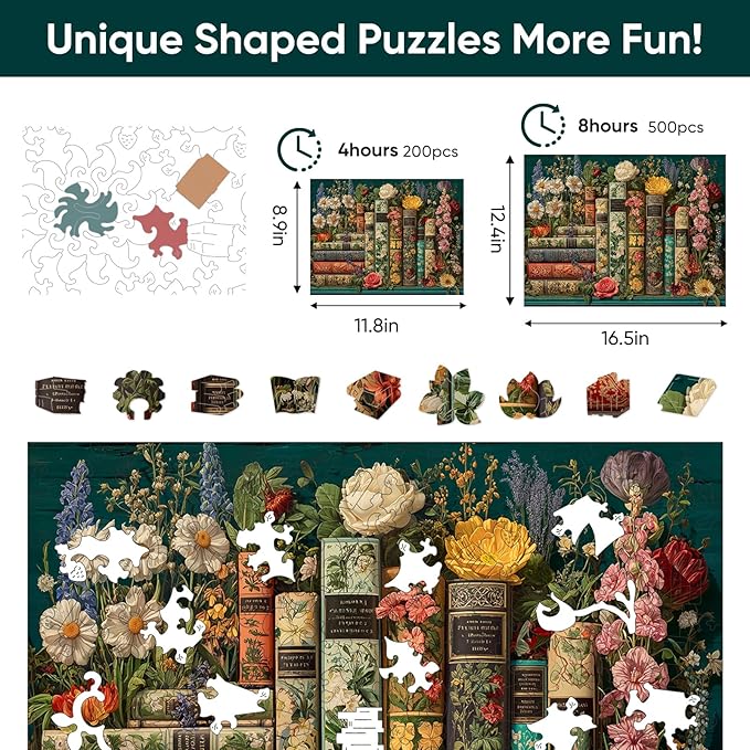 BODHIPNJOY Bookshelf Puzzles for Adults 500 Pieces,Wildflower Books Pages Jigsaw Puzzles Vintage Unique Plant Art Puzzle Family Challenging Games for Seniors Adults 16.5 * 12.4in