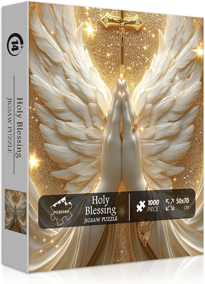 Christian Puzzles for Adults 1000 Pieces, White Angel Wings and Cross Religious Puzzles, Faith Spiritual Catholic Jigsaw Puzzle Jesus Holy Blessing, Christian Home Decor