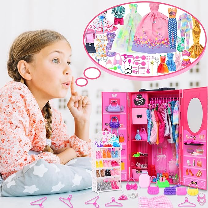 127pcs Doll Clothes Accessories and Closet for 11.5 inch Girl Doll,Dollhouse Wardrobe Storage Fashion Dress Gowns Outfits Swimsuits Tops Bottoms Shoe Rack High Heels Hangers Necklaces for 1/6 Dolls