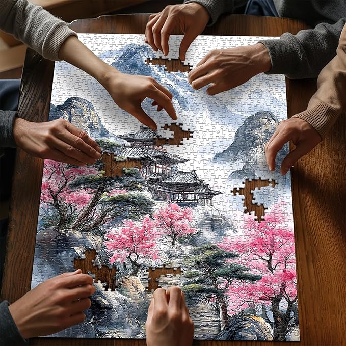 PICKFORU Landscape Puzzles 1000 Piece for Adults, Nature Mountain Scenic Puzzle with Cherry Blossom Tree, Vintage Flower Retro Scenery Unique Art Impossible Jigsaw Puzzle