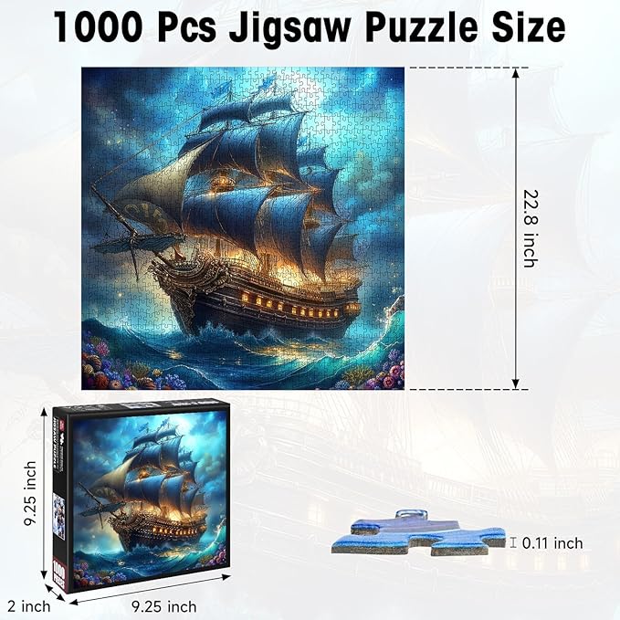 1000 Pieces Jigsaw Puzzles for Adults, Pirate Ship Ocean Adventure Puzzle with Letters on Back, 22.8×22.8 Inch Hard Difficult Challenging Adult Puzzle for Gift & Home Decor