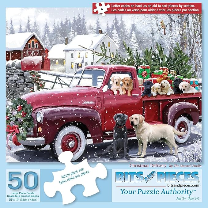 Bits and Pieces 50 Piece Puzzles for Adults 50 Extra Large Pieces 15" x 19" Jigsaw Puzzles, Red Truck Presents Dogs, Random Die Cut, No 2 Pieces Alike, Christmas Delivery