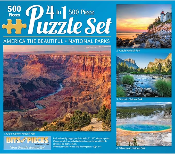 Bits and Pieces - 4-in-1 Multi-Pack 500 Piece Jigsaw Puzzles for Adults - 500 pc America The Beautiful National Parks Puzzle Set Bundle - 16" x 20" (41cm x 51cm)