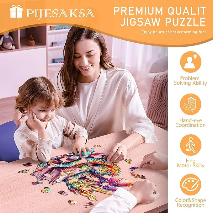 Wooden Puzzles for Adults - Jeweled Dragon Puzzle, Unique Shape Wooden Jigsaw Puzzle for Adults, Wood Puzzles Adult, Good Gift Idea for Friends, Home Decor (S-8.5 * 8in 100 Pieces)