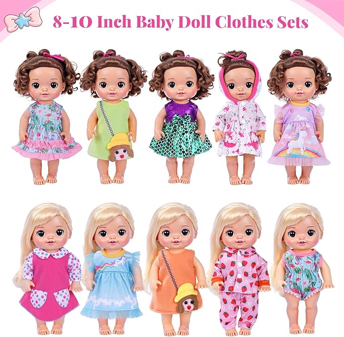 BABESIDE 10 Sets Baby Doll Clothes & Accessories for 8/10/11 Inch Baby Dolls, Includes Cute Jumpsuit & Skirts, 3+ Year Old Girls Gifts, Pretend Play