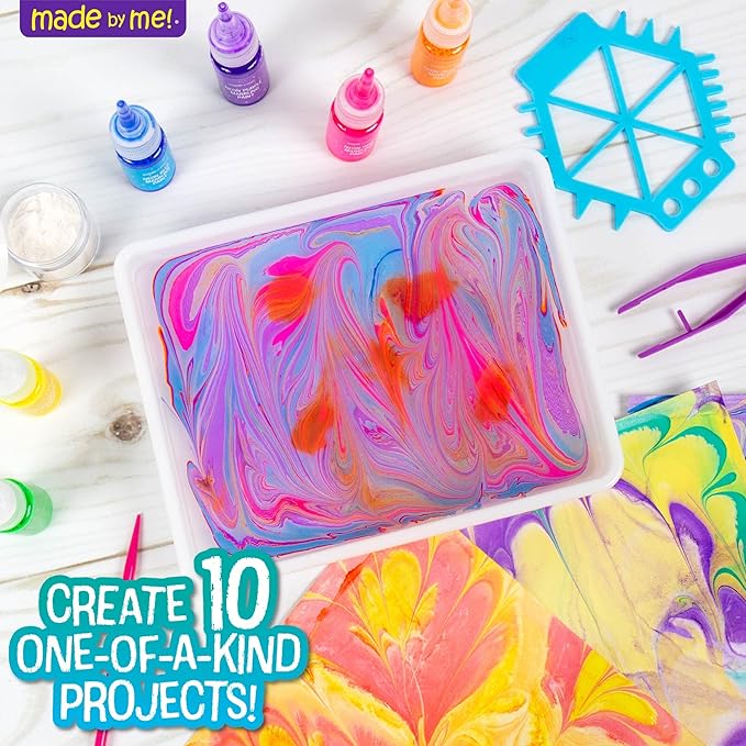 Made By Me Marbling Studio, 25-Piece Marbling Kit for Kids - Make 10 Pour Paint Art Projects - Dip & Paint Marbling Arts & Crafts for Ages 6-9 - Fun Gift (Pack of 2)