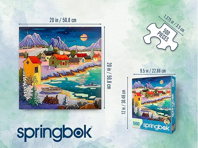 Springbok Moonlit Winter Village 500 Piece Puzzle for Adults - Peaceful Winter Puzzle Featuring a Cozy Snowy Village by a Moonlit Lake