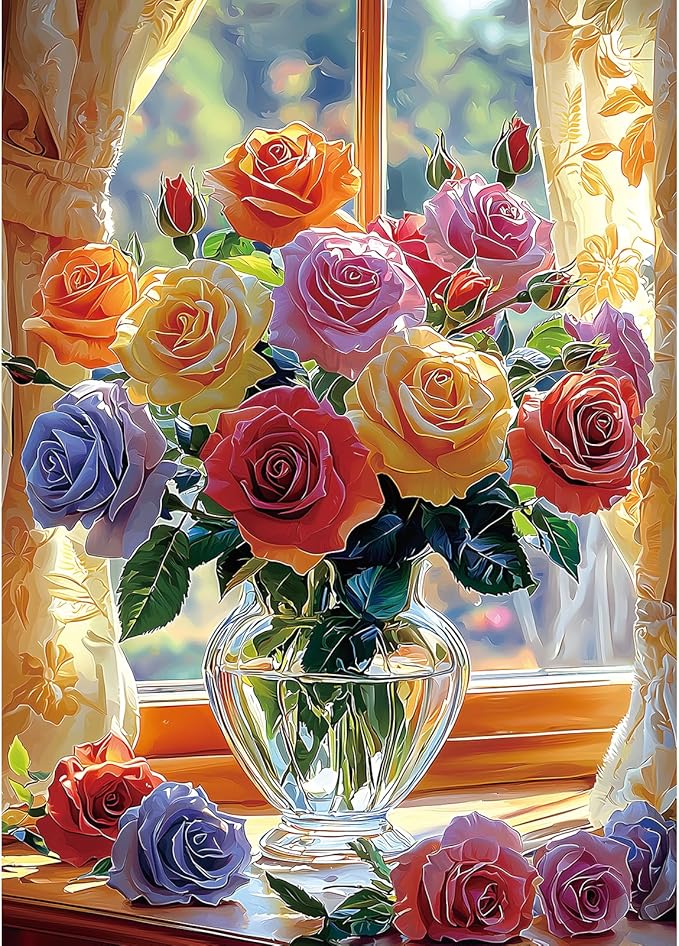 1000 Piece Puzzle for Adults, Colorful Mixed Rose Bouquet Jigsaw Puzzle with Letters on Back for Family, Adults, Gifts, Party Game, Finished Size 27.5" x 19.7"