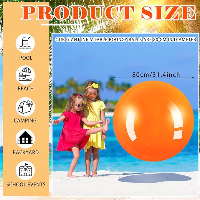 Jenaai 2 Pcs 30 Inch Large Bouncy Balls Giant Inflatable Rubber Kickballs Big Outdoor Exercise Jumping Hopping Ball for Outdoor Activity Sports Party Decor(Orange, Green)