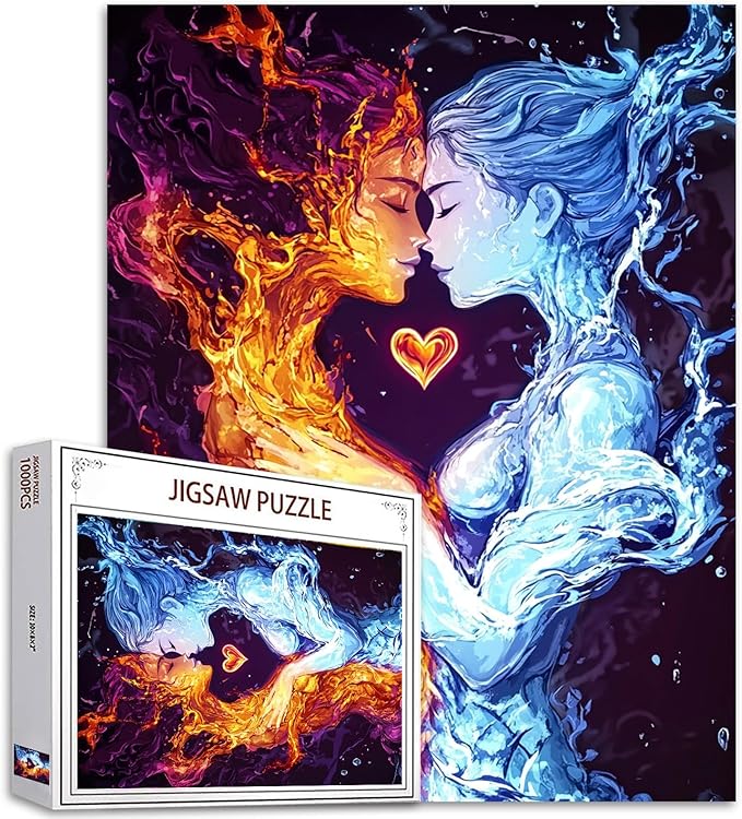 Abstract Fire Couple 1000 Piece Jigsaw Puzzles for Adults Boy and Girl Painting Jigsaw Puzzle Romantic Love 1000 Pieces Puzzles Game Home Wall Decor DIY Craft Heart Pattern Puzzle Art(Colorful)