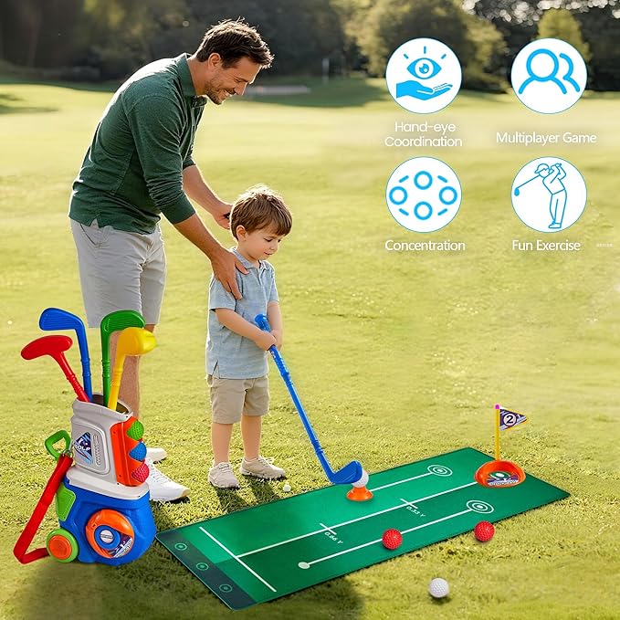 PJG Toddler Golf Set, Plastic Kids Golf Clubs Ages 1 2 3 4 5 Years Old with 4 Golf Clubs and 10 Balls, Indoor and Outdoor Golf Toys with Cart for Boys Girls Birthday Gift (Blue with mat)